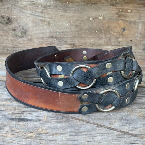 Vintage Biker Motorcycle Belt Leather Strap Black /  Brown with Rings & Rivets - Picture 3 of 14